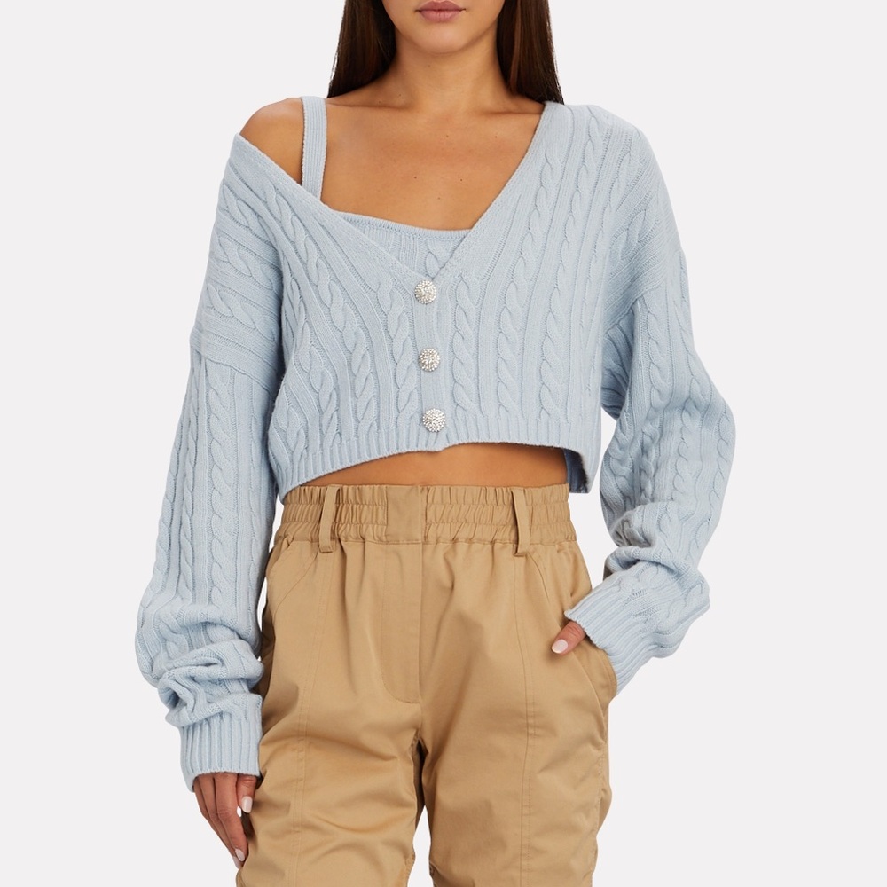 Ronny Kobo Phyllis cropped blue cable knit cardigan with embellished buttons